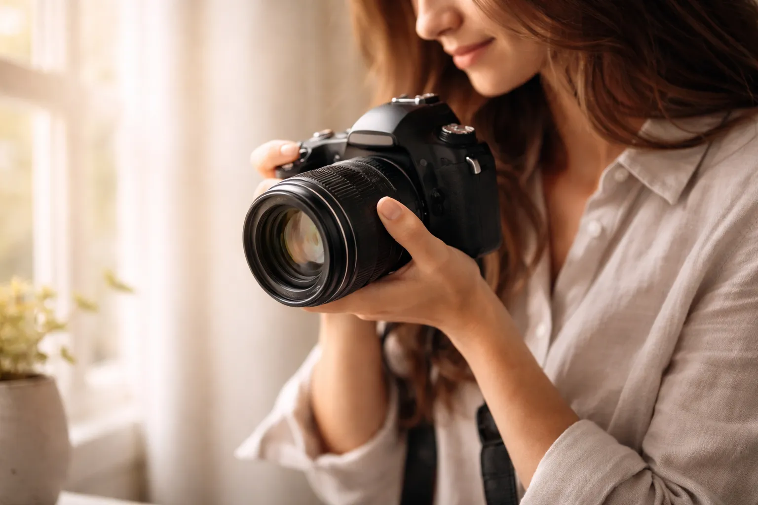 Fotografin mit Kamera bei natürlichem Licht